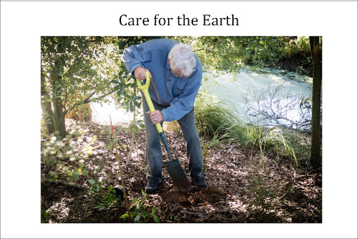 Image of an elderly man planting a tree beside a river